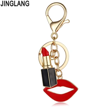 

JINGLANG Fashion Gold Color Metal Keyring Dangle Red Enamel Lipstick Mix Mouth Charms Keychains For Women Luxury Handbag Jewelry