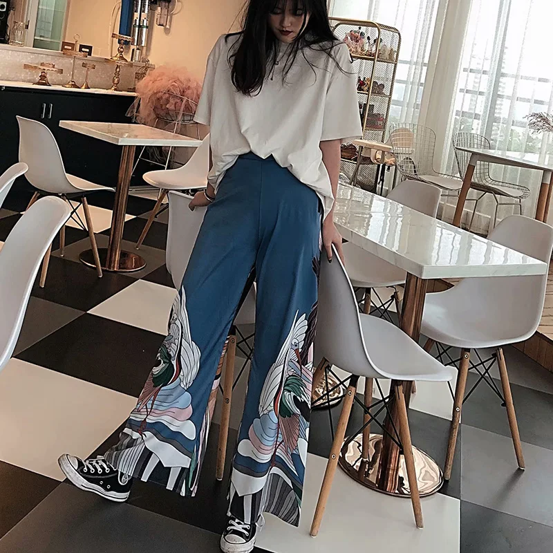 

Wonder 2019 New High Waist Loose Wide Leg Pants Vintage Animal Crane Print Female Long Pants Casual Zipper Lady Pants Bottoms