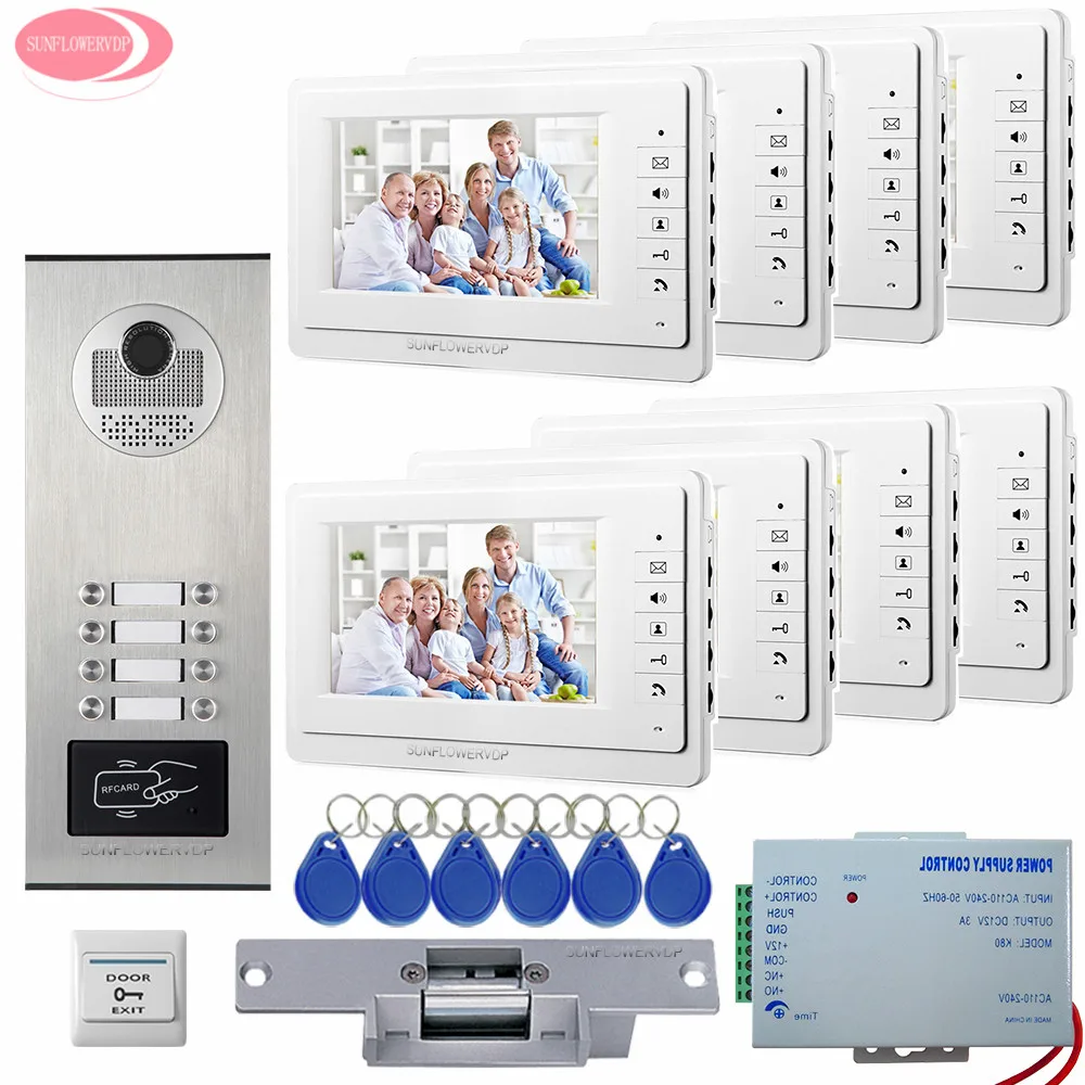

7" Screen Apartment Video Intercom Door Phone System 8 Monitors RFID Access Door Camera For 8 Family House +Electric Strike Lock