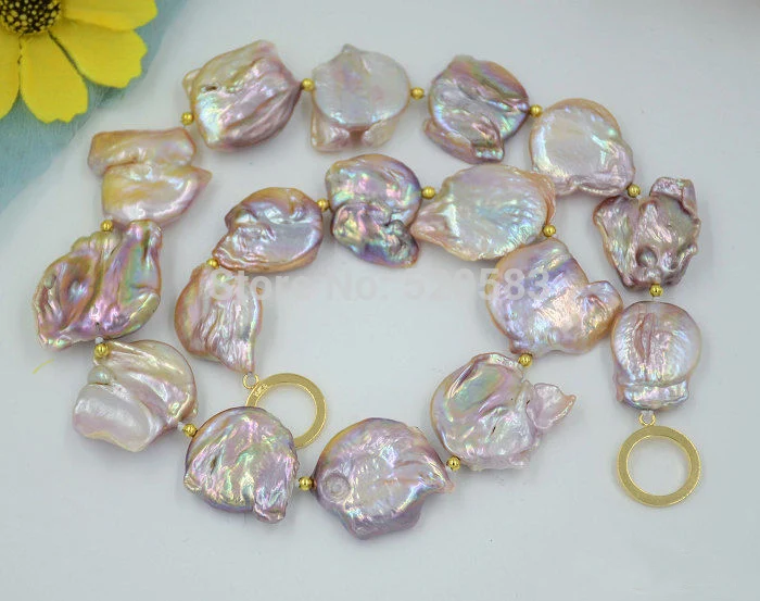 

19" 22mm LAVENDER BAROQUE COIN KESHI REBORN PEARL BEAD NECKLACE