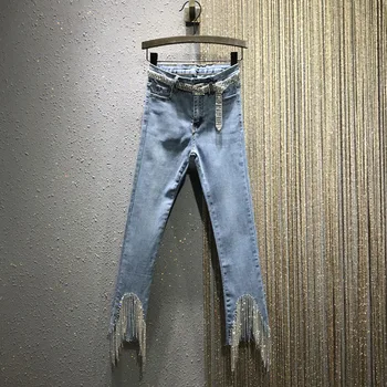 

Tassel Rhinestone Women jeans slim long high waist hole flare lady night club sexy blue ankle-length pants top quality