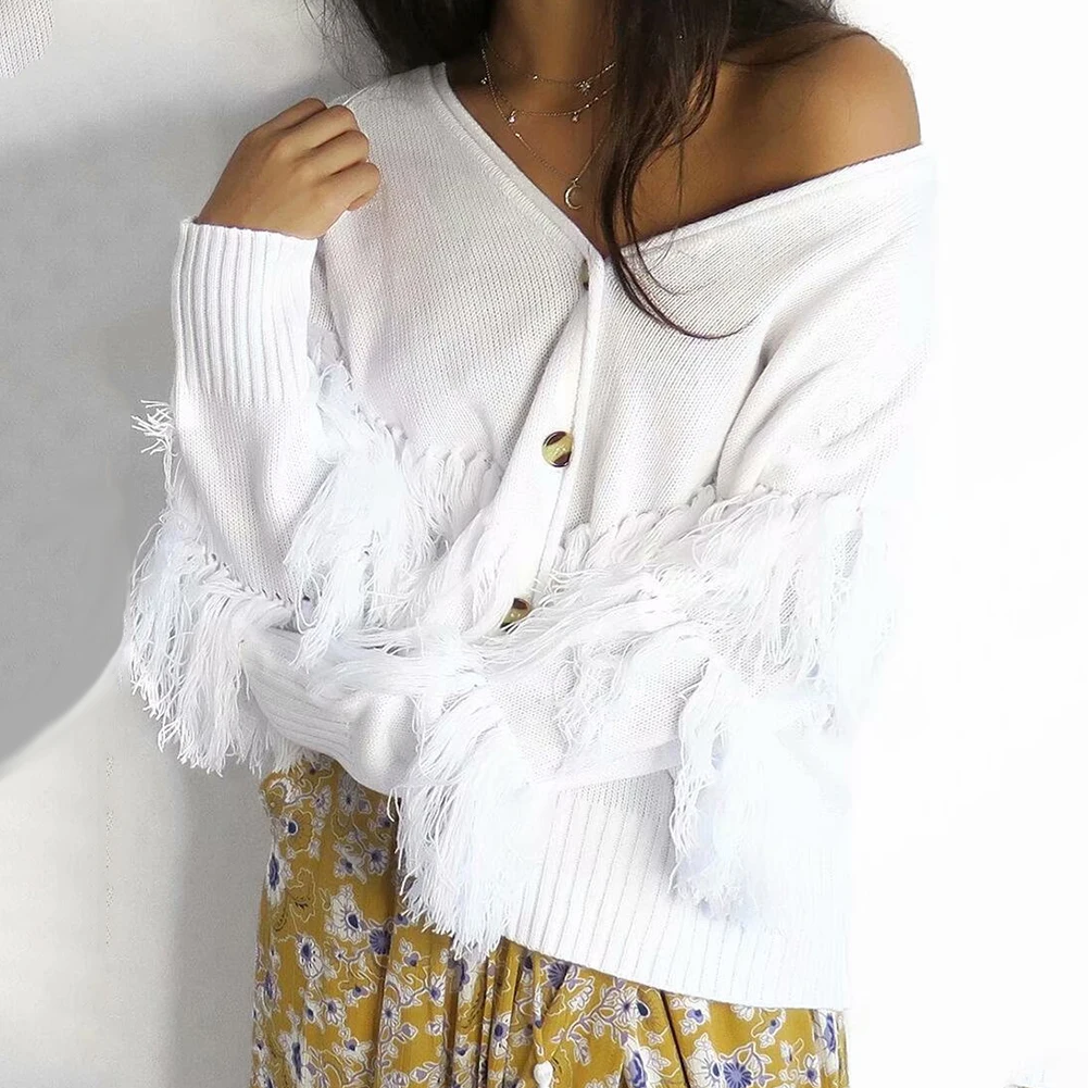 Women Cardigan Autumn White V-Neck Tassel Sweater Button Fashion Knitting Jumper For Ladies Causal |