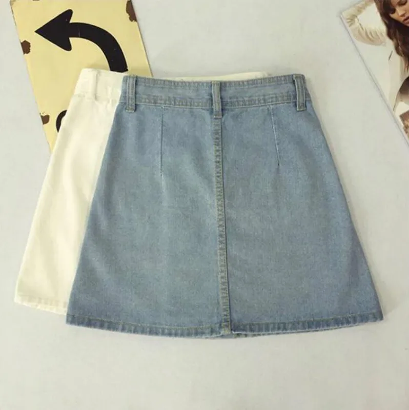Новые летние женские линии зауженные джинсы пуговицы для юбки спереди Высокая талия деним маленькие карманы юбка черный белый Harajuku