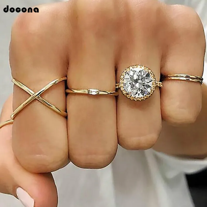 Docona 5pcs/sets Elegant Luxurious Super Shinning Crystal Stone Gold Color Finger Rings For Women Ladies Jewelry Gift 3661 | Украшения и