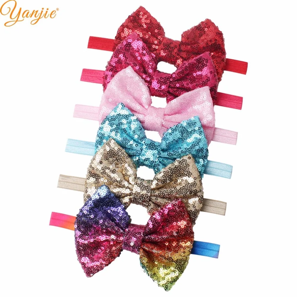 

10pcs/lot 2019 Chic 5" Rainbow Messy Sequins Glitter Hair Bow 5/8" Elastic Headband Hot-sale Hair Accessories For Kids Headwear