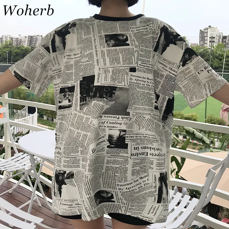 2018 New Newspaper Printed O Neck Short Sleeve BF Style T shirt Spring ...