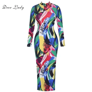 

Deer Lady Summer Dresses Women 2019 Bodycon Dress Long Sleeve Green Printing Bodycon Party Dress Autumn Long Wholesale HL