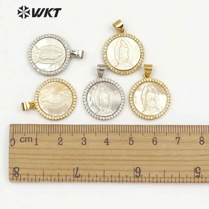 WT-MP112 WKT классический винтажный белый seashell металлический кулон религиозный круглый медальон Дева Мария с cz периферийное украшение