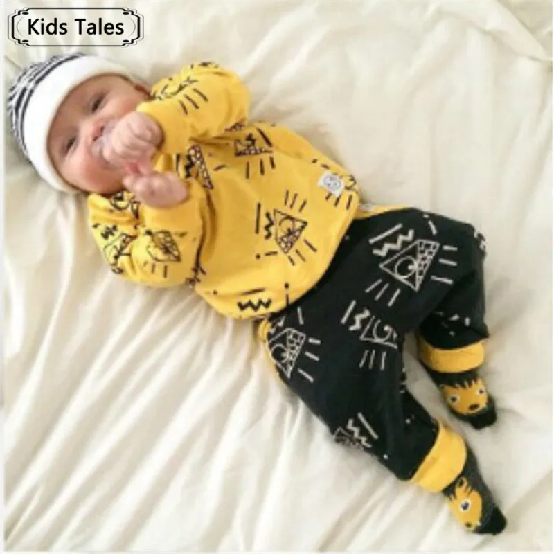 2019 Newborn baby boy clothes baby clothes unisex yellow  color long-sleeved shirt+ pants 2 pcs. bebe girl clothing set ST205