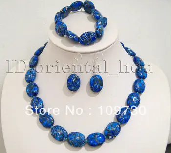 

free shipping Jewelry 00275 Dark blue Oval Necklace bracelet earrings Set