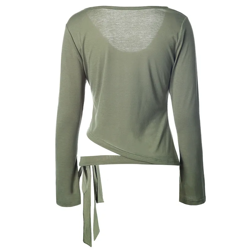 Lumier Women's Sports T-shirt Scoop Neck Wrap Bandage Tie Yoga Ballet Dance Top Breathable Autumn Sportswear Sport Jerseys Shirt (3)