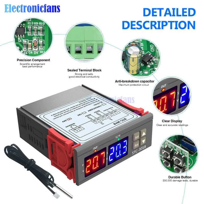 STC-3018 12 В 24 в 110-220 В цифровой регулятор температуры Термостат терморегулятор нагревательный охлаждающий переключатель цифровой гигрометр - Цвет: 24V