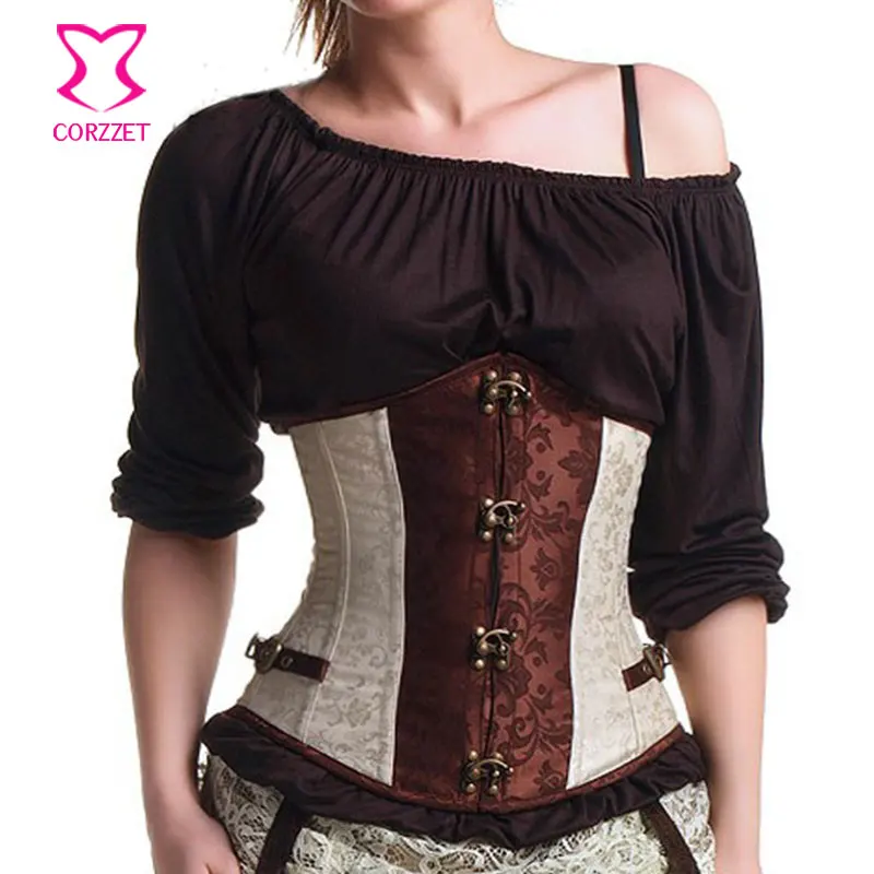 Vintage Brown Brocade Steampunk Underbust Corset Steel Bone Slimming Waist  Trainer Corsets and Bustiers Sexy Gothic