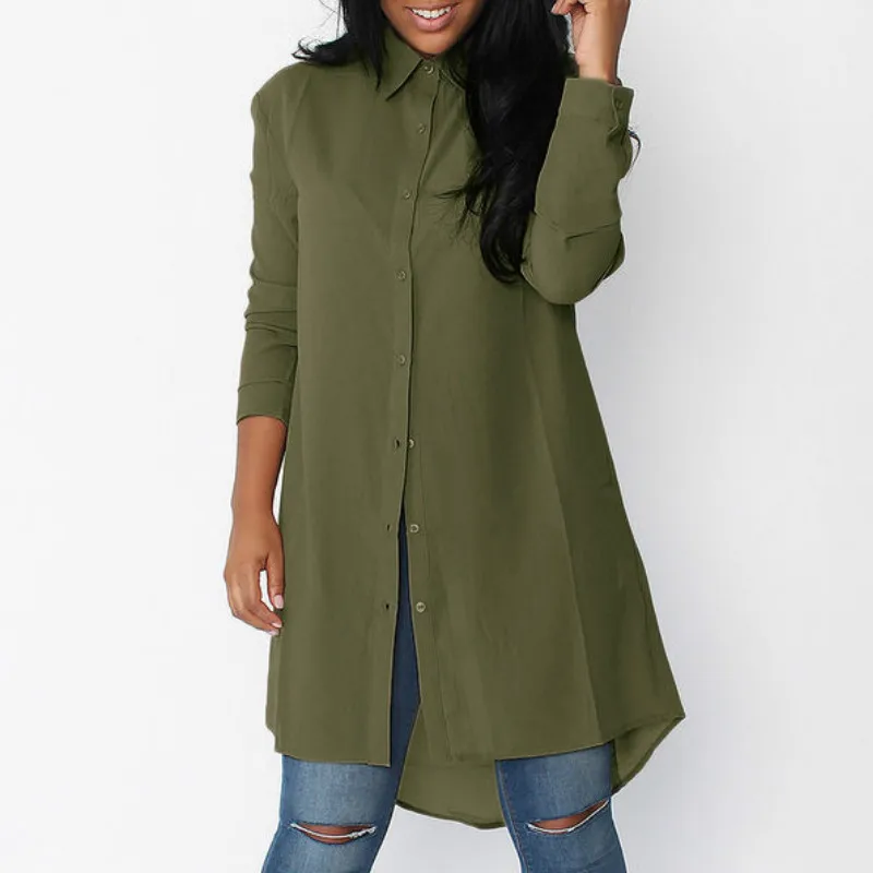 

Spring Summer Lapel Long Blouse 2019 Women Chiffon Tops Leisure Plus Size Loose Before Long Back Short Irregular Chiffon Shirt
