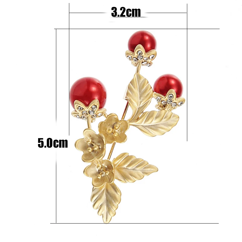 TDQUEEN Brooches Red Simulated Pearl Flower Pins and Brooches Safety Pin Jewelry Zinc Alloy Metal Brooch for Women size