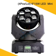 4 шт./лот) Мини 6*15 W зум светодиоды глаз пчелы луч Мыть Перемещение головного Света RGBW светодиодный отдельных Управление перемещение головы