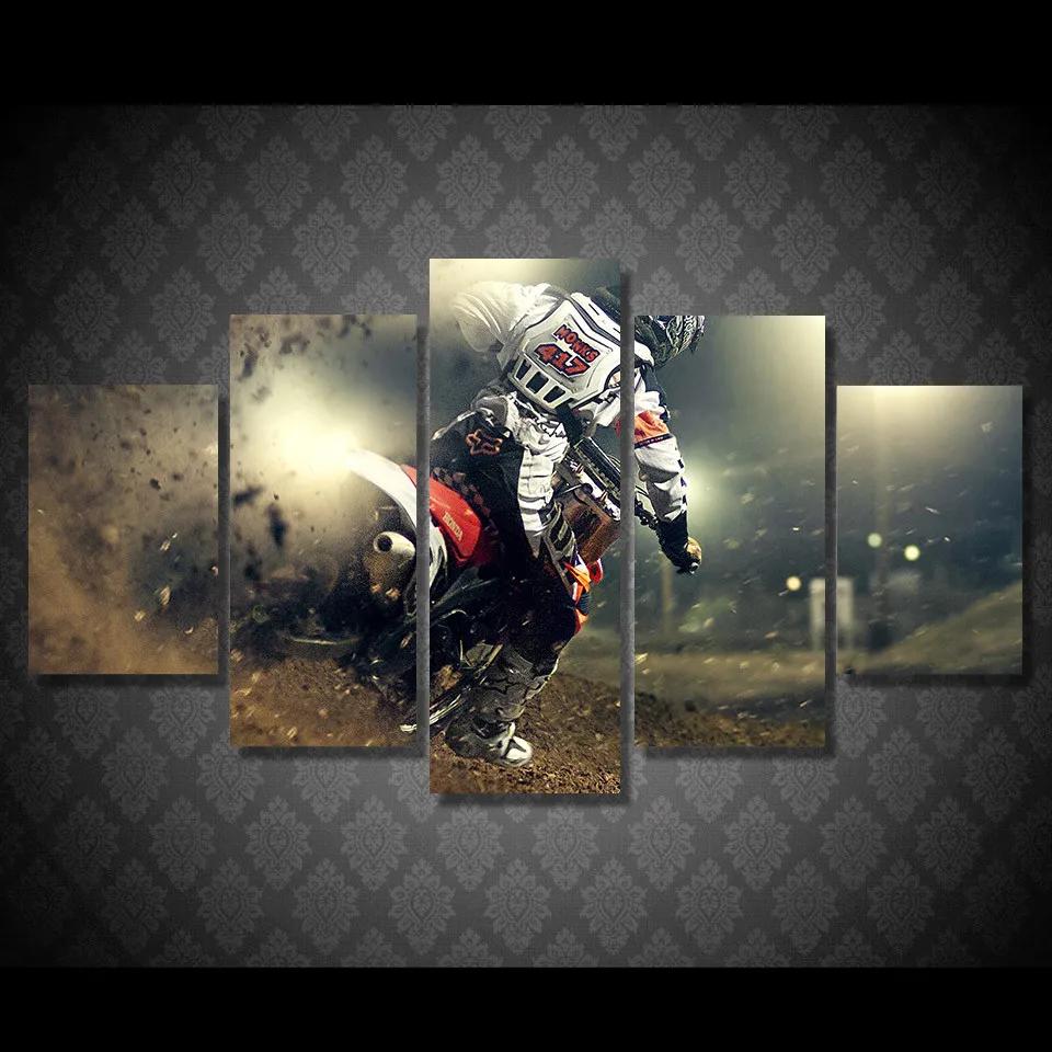 Wall Art 5 Pieces Canvas Prints Motocross car painting Panels Poster