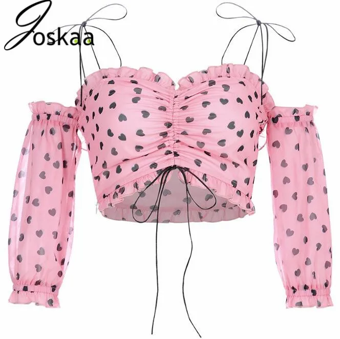 

Joskaa Pink Sweet Heart Print Chiffon Shirt Ruffle Ruched off Shoulder Top Strappy Fashion Women Tops New