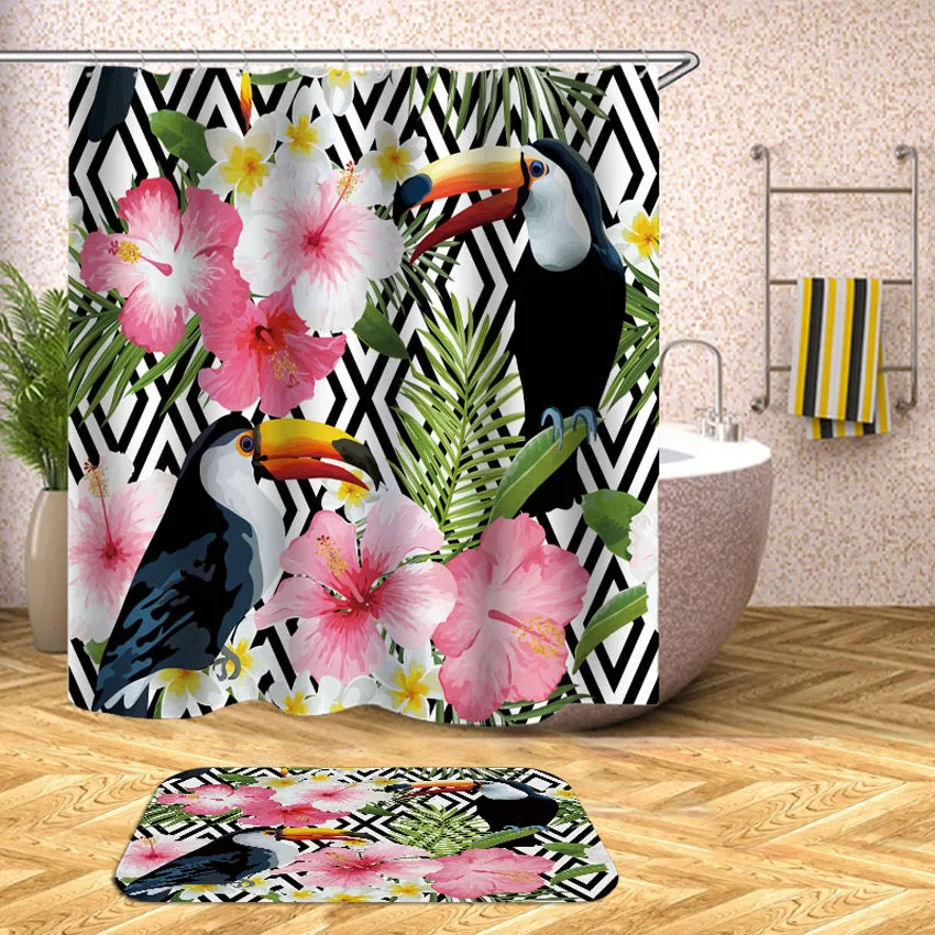 

Waterproof Shower Curtain Parrot Butterfly Print Bath Curtains Bathroom For Bathtub Bathing Cover Extra Large Wide 12pcs Hooks