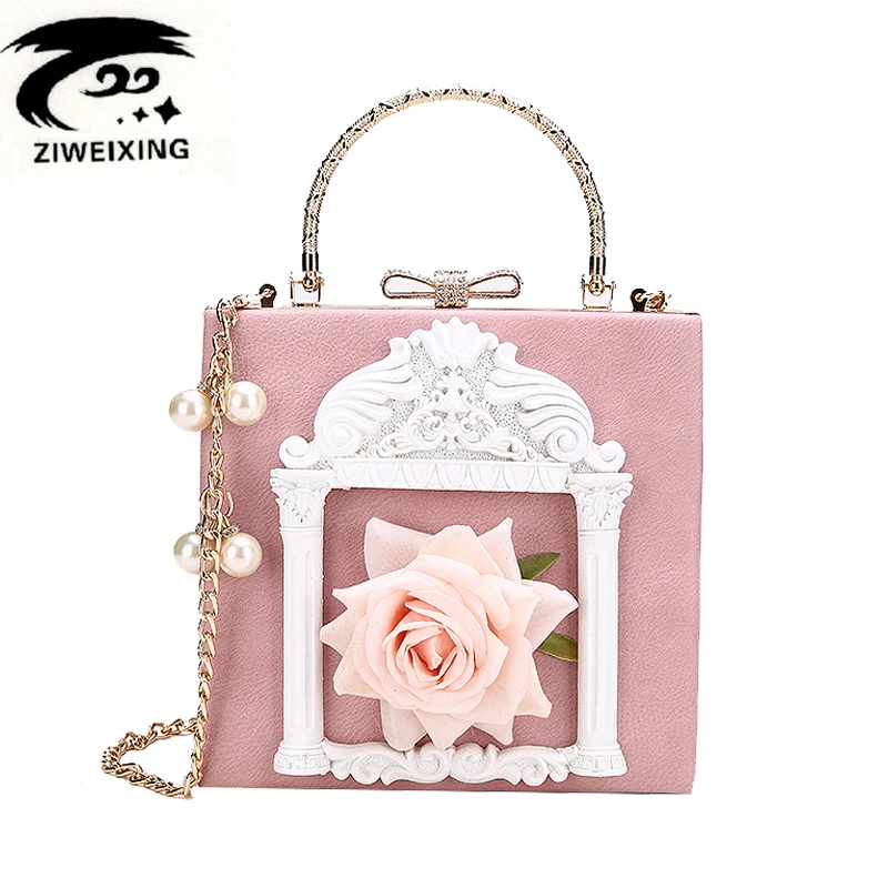 Luxury Brand Pearl Chain Women Hand bags Vintage Rose Embossed Box Bag