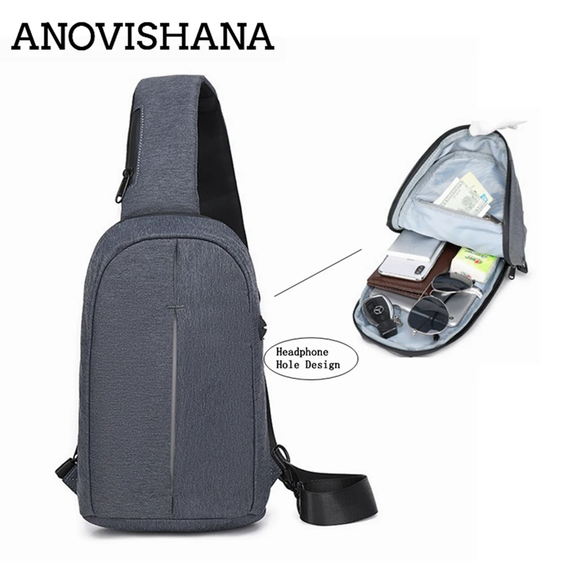 

ANOVISHANA Crossbody Chest Bags Men Waterproof Oxford School Headphone Hole Design Short Trip Messengers Sholder Bag Dark Gray