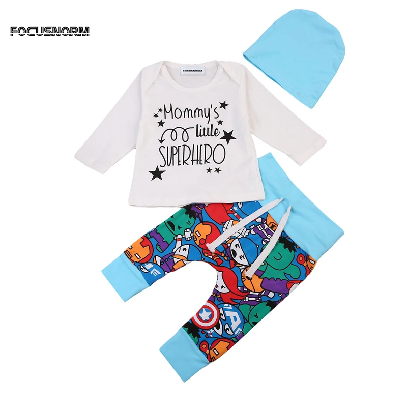 

Newborn Baby Boys Superhero Cotton Long Sleeve T-shirt Pants Leggings Hat 3pcs Outfits Clothes Set