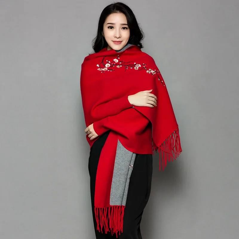 VOHIO winter scarf women female wool plum embroidered sleeve cashmere coat cloak thickening double sided air dual-purpose shawl VOHIO winter scarf women female wool plum embroidered sleeve cashmere coat cloak thickening double sided air dual-purpose shawl