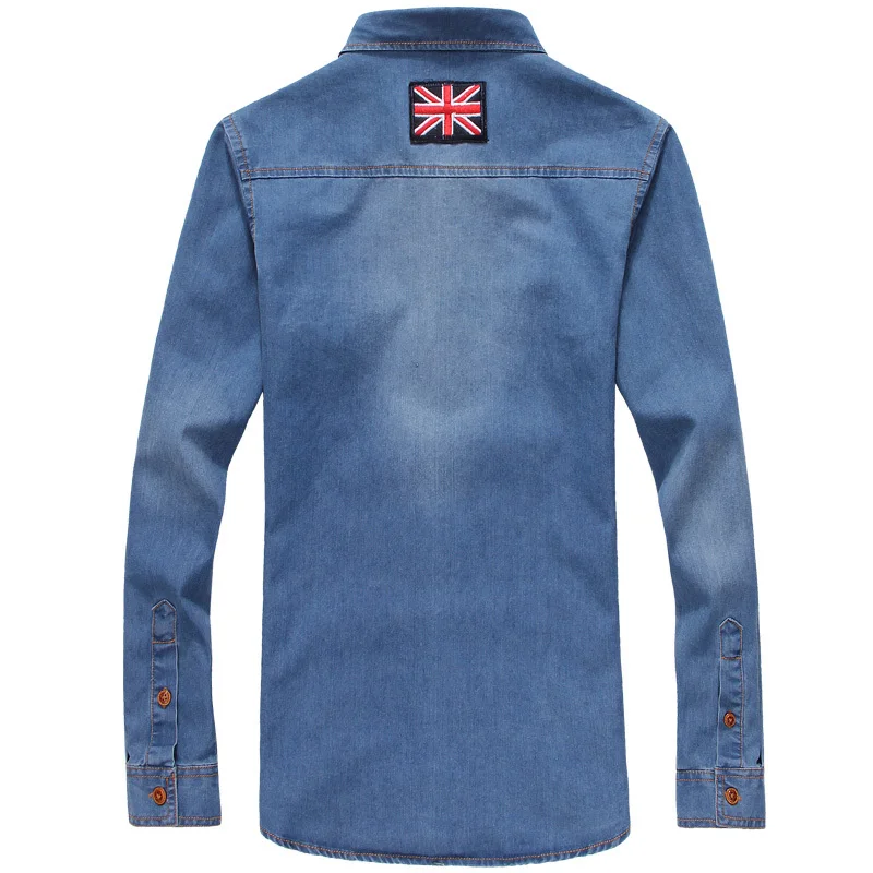 Plus Size Men Denim Shirts 5XL Cotton Turn-down Collar Pockets Camiseta Masculina Autumn Long Sleeve Blue Camisa Social