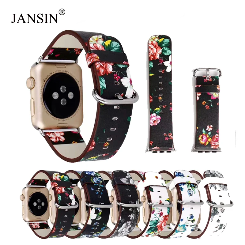Кожаный ремешок JANSIN с цветочным узором для Apple Watch 40 мм 44 мм 38 мм 42 мм iwatch Series 1 2 3 4 5 браслет кожаный ремешок