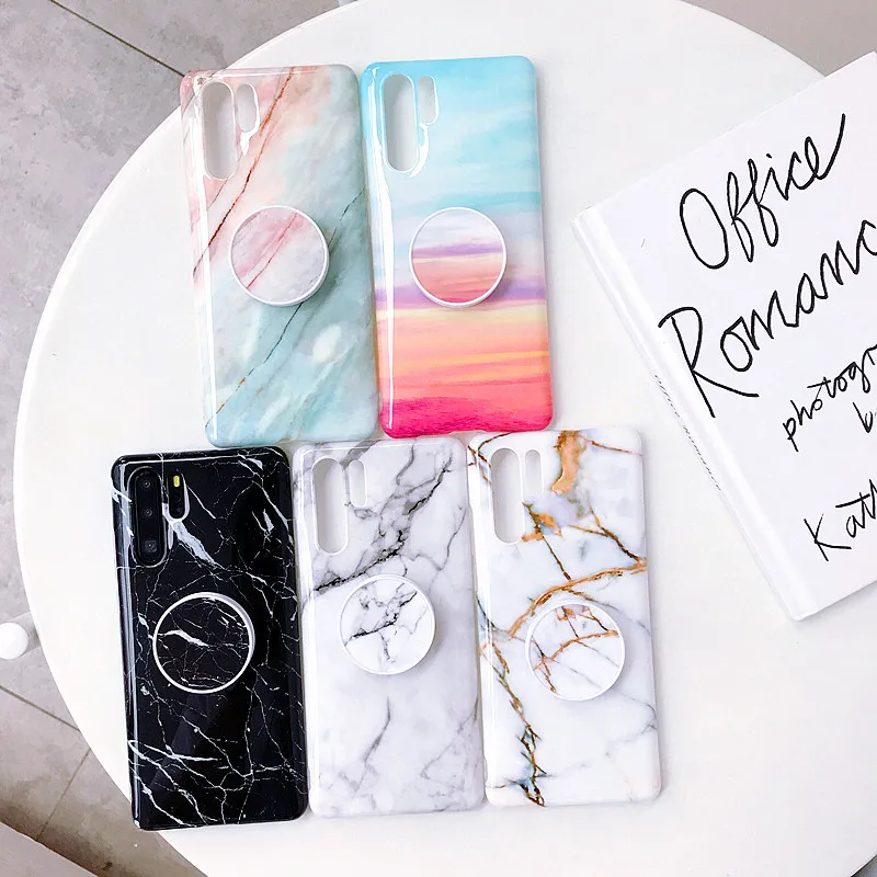 

Fold Holder Stand Grip Glossy Marble Soft Silicone TPU Phone Case For Huawei Mate 20 P30 P20 Pro Lite Honor Nova 3i 3e 4e Cover