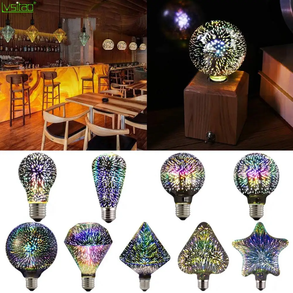 

3D Decoration Bulb A60 G80 G95 G125 ST64 Glass Colored reflection Fireworks E27 85-265V Holiday Lights atmosphere Christmas Lamp