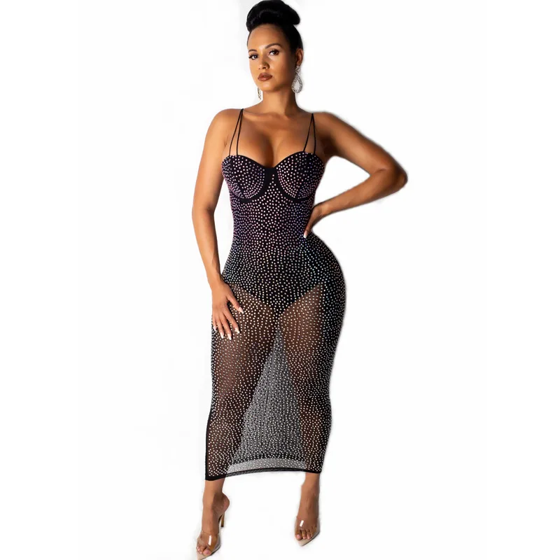 

Joiekuno Solid Hot drilling Party Fashion Vestidos Lady 2019 Bodycon Sexy Spaghetti strap Party Long dress Women ME2711