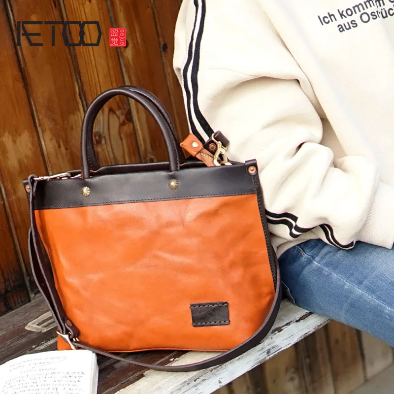 

BJYL British retro handmade cowhide leather one shoulder diagonal back handbag casual computer bag hit color IPAD ladies and