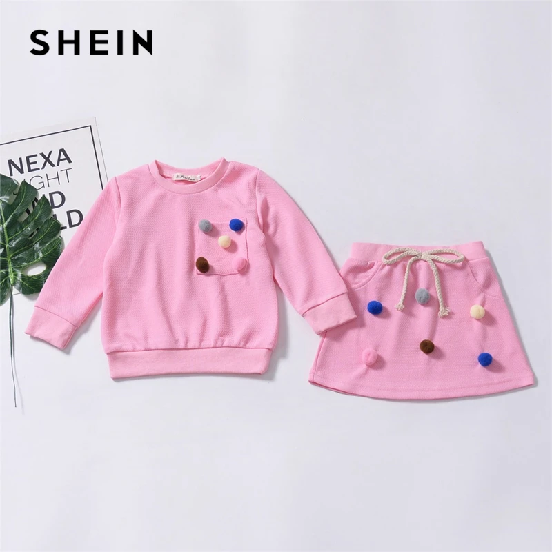 

SHEIN Kiddie Pink Knot Pom Pom Top With Skirt Suit For Toddler Girls Clothing 2019 Spring Fashion Cute Kids Clothes Girl Set