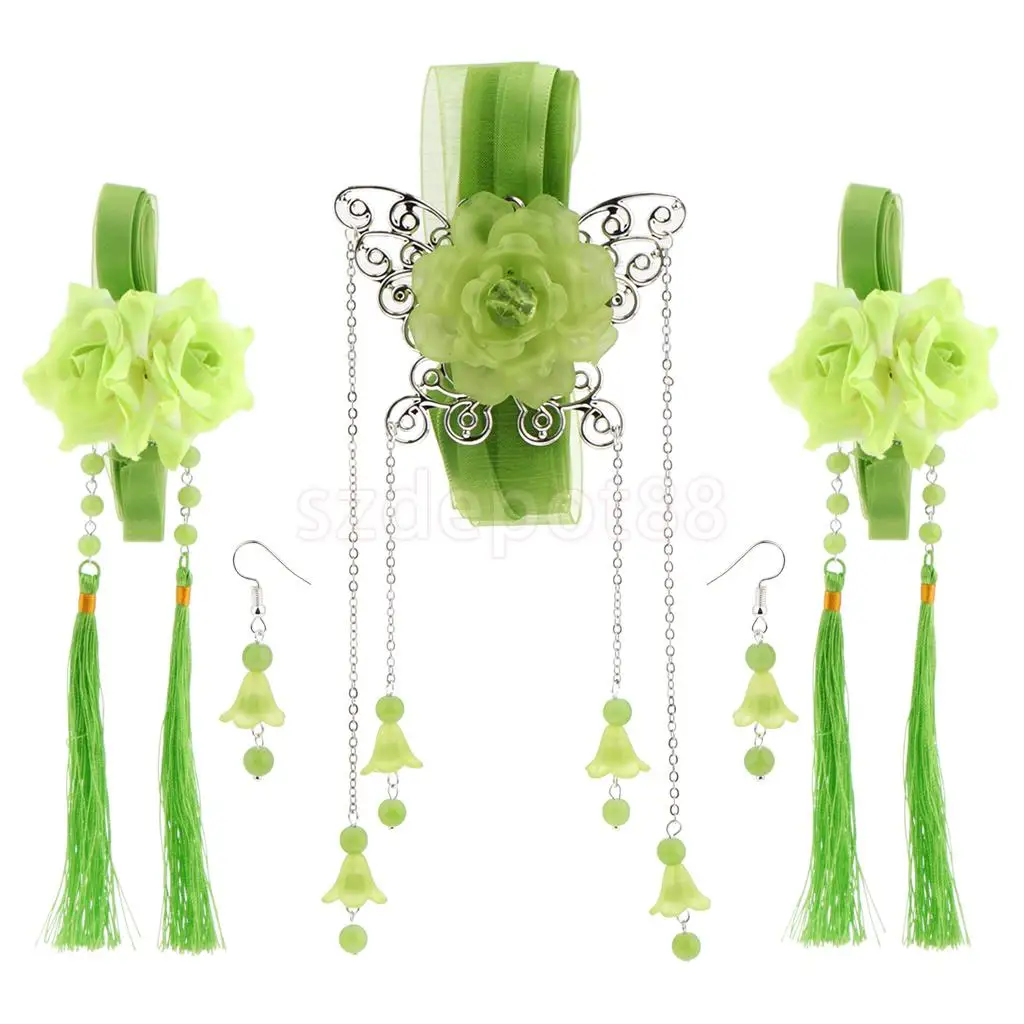 Ribbon Flower Chain Tassel Ancient Chinese Headdress Clip & Beads Dangle Earring Set Bridal Wedding Cosplay Party Hair Jewelry