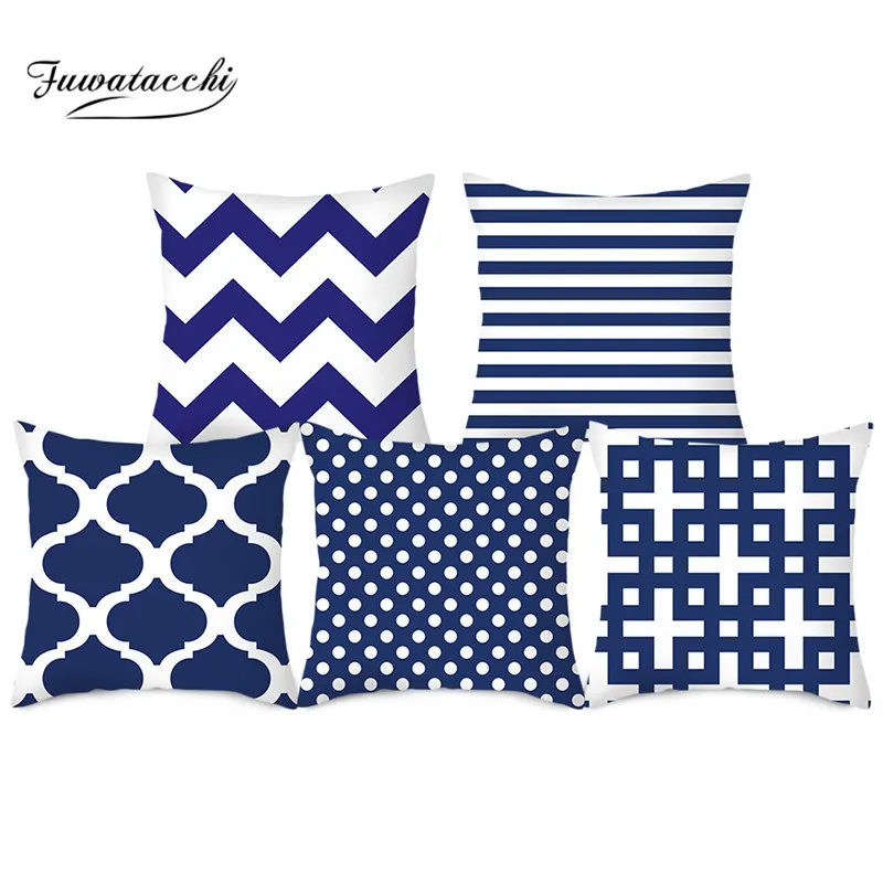 

Fuwatacchi Black and White Geometric Cushion Blue Pillow Cover For Home Sofa Decorative Pillowcases Polyester Throw Pillows Case