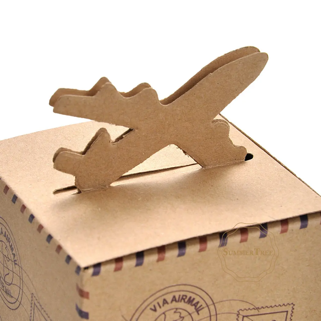 50pcs Travel Themed Wedding Gift box of Let the Adventure Begin Airplane Kraft Favor Box For Wedding and Party Candy Box