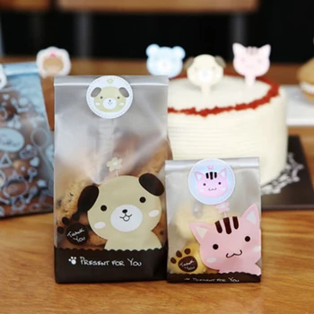 

50pcs/set Lovely Cat Dog Print Gifts Bags Christmas Cookie Packaging Self-adhesive Plastic Bags Candy Biscuits Cake Package