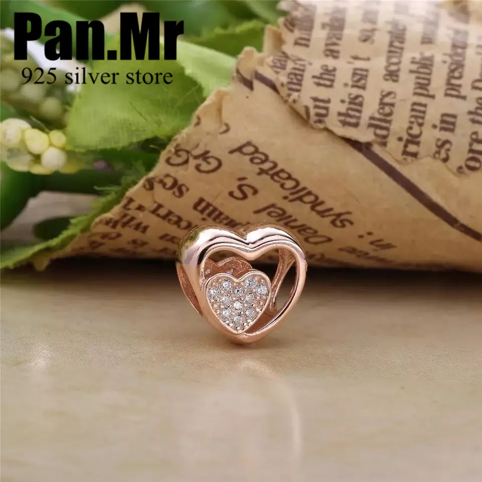charms logo s925 Silver Rose Openwork Joined Together Love Heart With CZ Beads Fit Bracelet Diy Jewelry Sterling Bead | Украшения и