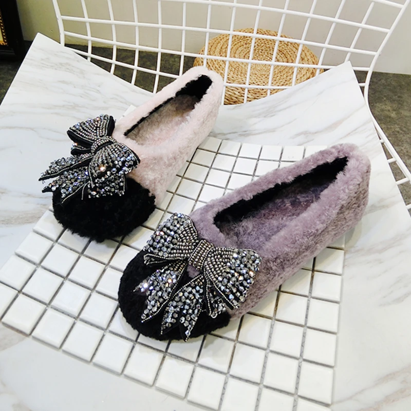 

Fuzzy Flats Women Crystal Shoes Fluffy Purple Khaki Fashion Ladies Boat Shoes Patchwork Fur Winter Flats Bow Tie Women Footwear
