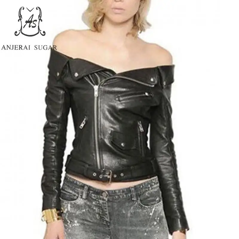 

Plus Size sheepskin genuine Leather jacket women coat female sexy slim Motorcycle Off Shoulder cazadoras de cuero abrigos mujer