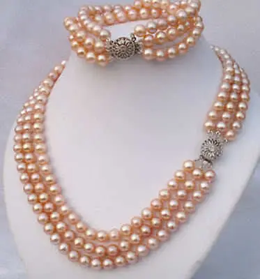 

SHIPPING HOT sell new Style >>>>3Rows 7-8mm Pink Akoya Pearl Necklace Bracelet Set