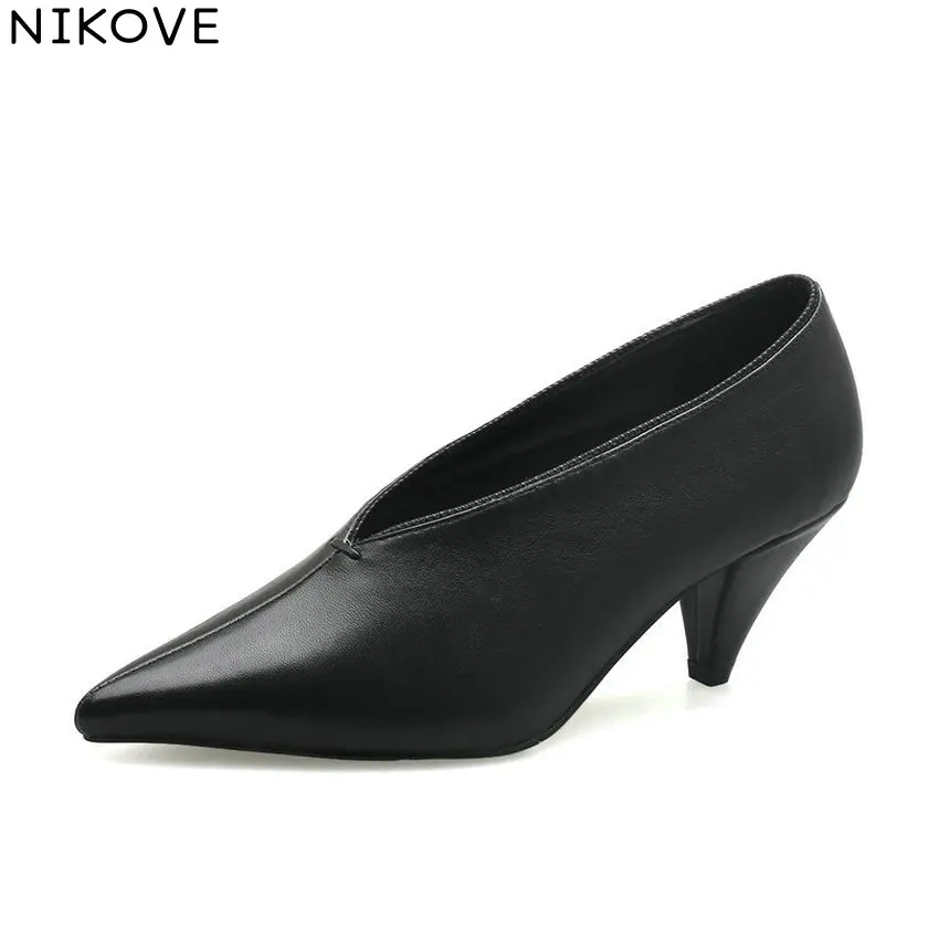 

NIKOVE 2018 Women Pumps Spike Heels Slip on Sheepskin PU High Heels Pointed Toe Sewing Fashion Ladies Pumps Shoes Size 34-39