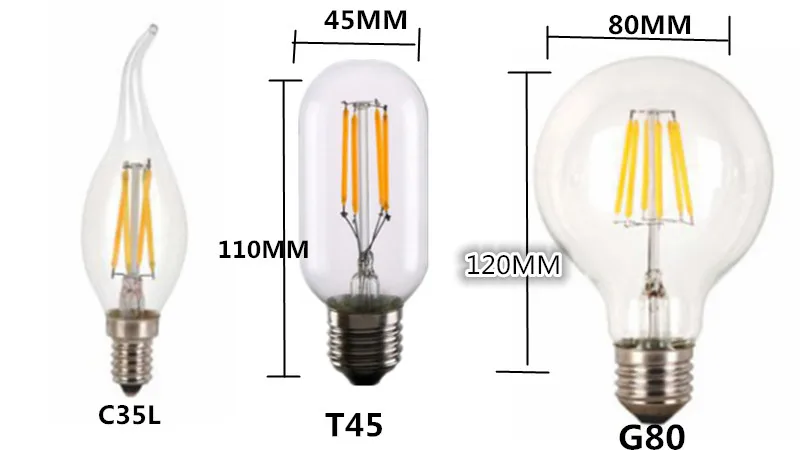 Светодиодный T45 ST64 G80 A60 C35 светильник светодиодный ламп накаливания, 2 Вт, 4 Вт 6 Вт 8 Вт E27 B22 с регулируемой яркостью 110V 22В Ретро Винтаж лампы, декоративный светильник Инж