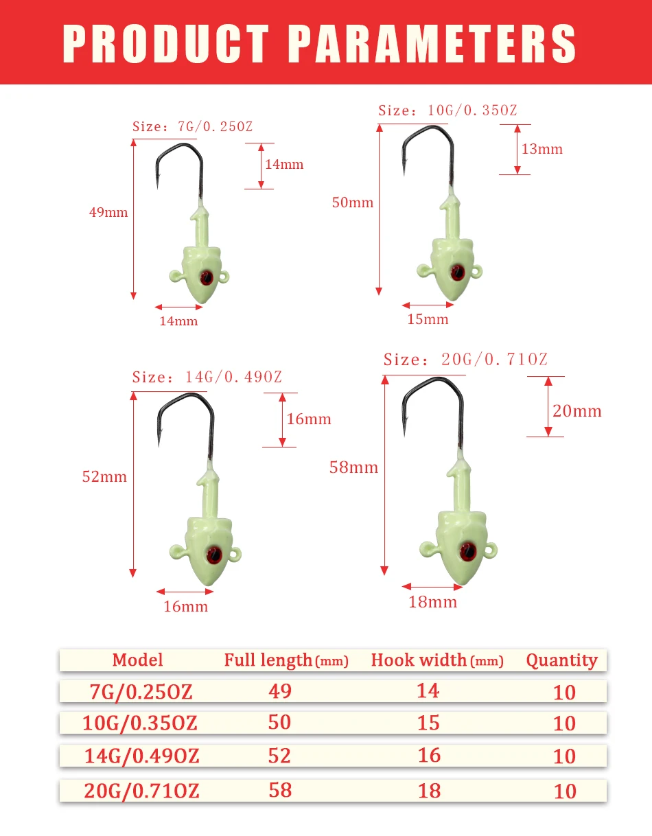 Рыболовные светящиеся джиг-головки, 10 шт., 7 г, 10 г, 14 г, 20 г свинцовый крючок для рыбалки, джиг-приманка, жесткие приманки, мягкие Червячные рыболовные снасти, аксессуары