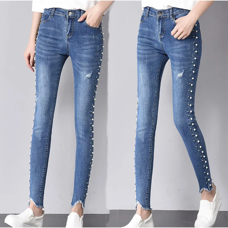 Summer Plus Size Skinny Side Pearl Beading White Wash Capris Jeans 4Xl 5Xl Light Blue Women Casual Stretch Denim Pants Trousers Summer Plus Size Skinny Side Pearl Beading White Wash Capris Jeans 4Xl 5Xl Light Blue Women Casual Stretch Denim Pants Trousers