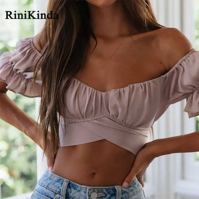 

RINIKINDA Hot Lady Shirt Women Ruffles Short Sleeve Bow Bandage Solid White Polyester Blouse Femme Summer Sexy Casual Slim Shirt