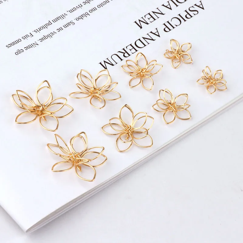 

Mini Order 10PCs DIY Accessories Material Gold Tone Plating Hollow Stereo Double Flower Pendant Earrings Handmade Floral Charms