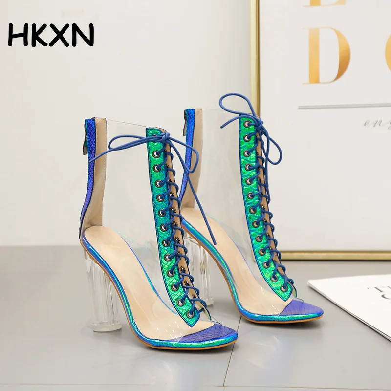 

2019 Summer PVC Sandals Boots Crystal Open Toed High Heels Women Transparent Heel Sandals Slippers Pumps 11CM Big Size
