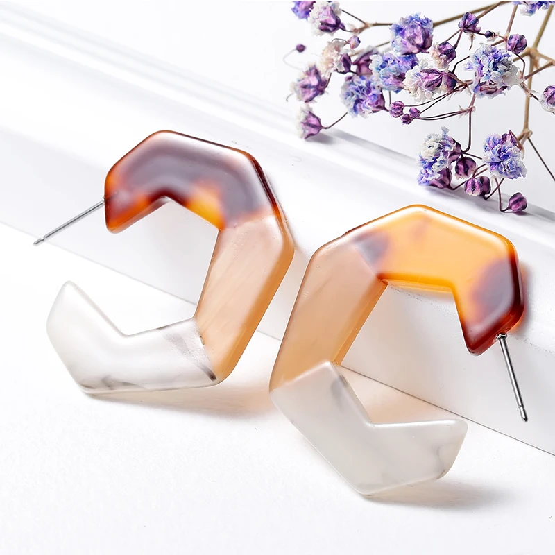 

New Design Brown Splicing Color Polygon Stud Earrings for Women Acetate Brincos Statement Earrings boucle d'oreille femme 2019